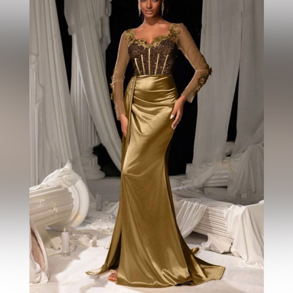Luxe sweetheart neck appliqués slit thigh party formal evening sequins dress
